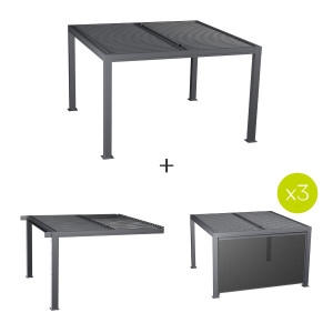 Pergola bioclimatique MAJAÉ + 1 extension latérale 3 stores semi-automatiques grand modèle 3,6 x m - Aluminium traité époxy Hespéride