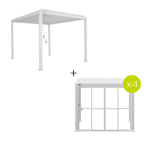 Pergola bioclimatique EVORA blanc + 4 portes coulissantes 3,6 x m - Aluminium traité époxy Hespéride