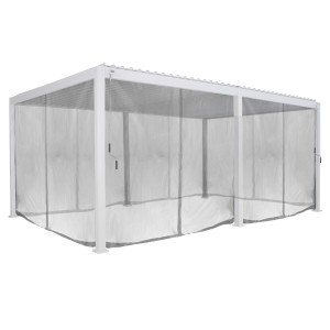 Pergola bioclimatique électrique EVORA blanc + 1 kit de rideaux, moustiquaires et rails 6 x 3,6 m - Aluminium traité époxy Hespéride