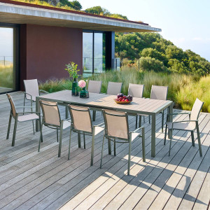 Table de jardin extensible rectangulaire EVASION Lin / Vert laurier 10 places - Aluminium traité époxy Hespéride