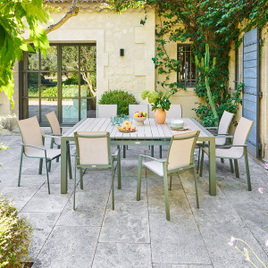 Table de jardin extensible rectangulaire ÉVASION Lin / Vert laurier 10 places - Aluminium traité époxy Hespéride