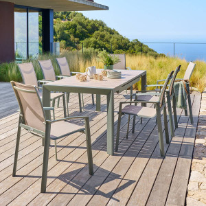 Table de jardin extensible rectangulaire EVASION Lin / Vert laurier 8 places - Aluminium traité époxy Hespéride