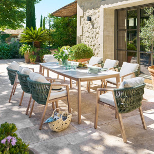 Table de jardin rectangulaire NELORA Beige ficelle / Honey 8 places - Aluminium traité époxy, Pierre frittée Hespéride