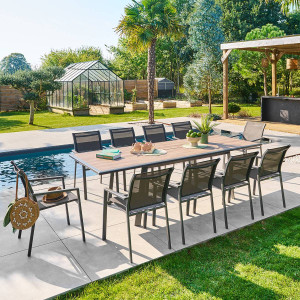 Table de jardin extensible rectangulaire PAVANE Truffe / Graphite 10 places - Aluminium traité époxy, Verre trempé Hespéride