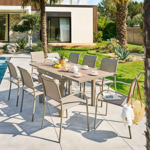 Table de jardin extensible carréee PIAZZA Truffe / Café 8 places - Aluminium traité époxy, Verre trempé Hespéride