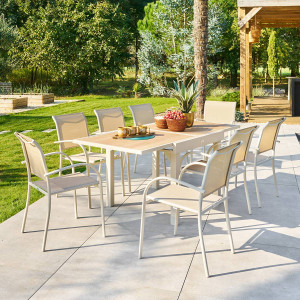 Table de jardin extensible carréee PIAZZA Epeautre / Argile 8 places - Aluminium traité époxy, Verre trempé Hespéride