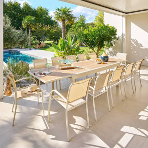 Table de jardin extensible rectangulaire PIAZZA Epeautre / Argile 12 places - Aluminium traité époxy, Verre trempé Hespéride