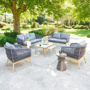 Salon de jardin ORISSA Effet bois brossé 7 places - Acier traité époxy, Polyester Hespéride