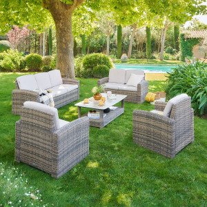 Salon de jardin SELENIM Beige 7 places - Aluminium traité époxy, Oléfine Hespéride