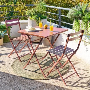 Ensemble table de jardin pliante carrée + 2 chaises GREENSBORO Acajou places - Acier, Traitement anti-rouille renforcé Hespéride