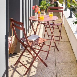Ensemble table de jardin pliante ronde + 2 chaises GREENSBORO Acajou places - Acier, Traitement anti-rouille renforcé Hespéride
