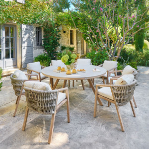 Ensemble table de jardin fixe ronde NELORA + 8 fauteuils MYLORE Ficelle   Miel places - Aluminium traité époxy, Quartz Hespéride
