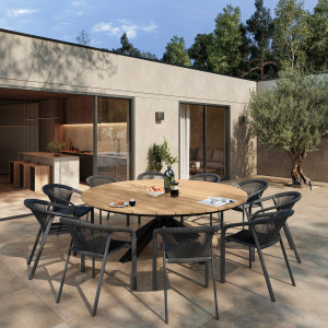 Ensemble table de jardin ORACLION + 8 fauteuils RIU Argile places - Aluminium traité époxy, Acacia certifié FSC® Hespéride