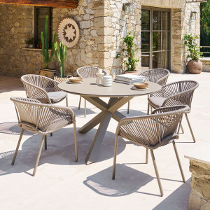 Ensemble table de jardin + 6 fauteuils ORYON Café places - Aluminium traité époxy, Verre Hespéride