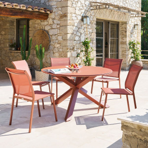 Ensemble table de jardin ORYON + 6 chaises ESSENTIA Acajou places - Aluminium traité époxy, Verre Hespéride