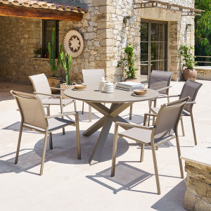 Ensemble table de jardin ORYON + 6 fauteuils ESSENTIA Café places - Aluminium traité époxy, Verre Hespéride