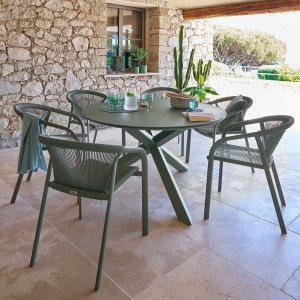 Ensemble table de jardin ORYON + 6 fauteuils RIU Laurier places - Aluminium traité époxy, Verre Hespéride