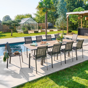 Ensemble table de jardin extensible PAVANE + 10 fauteuils AXANT Truffe   Graphite places - Aluminium traité époxy, Verre trempé Hespéride