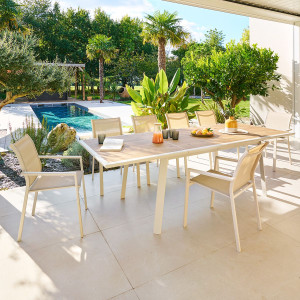 Ensemble table de jardin extensible PAVANE + 10 fauteuils ESSENTIA Malt   Argile places - Aluminium traité époxy, Verre trempé Hespéride
