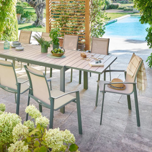 Ensemble table de jardin extensible EVASION + 12 fauteuils AXANT Lin   Laurier places - Aluminium traité époxy Hespéride