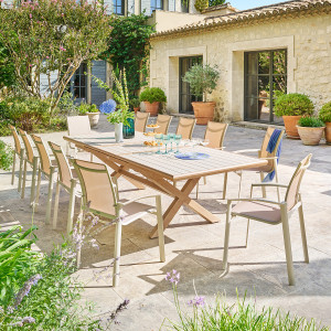 Ensemble table de jardin extensible AXIOME + 12 fauteuils ESSENTIA Argile places - Aluminium traité époxy Hespéride
