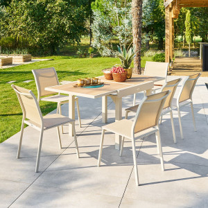 Ensemble table de jardin extensible PIAZZA + 8 chaises ESSENTIA Épeautre   Argile places - Aluminium traité époxy, Verre trempé Hespéride