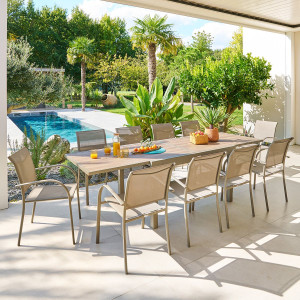 Ensemble table de jardin extensible PIAZZA + 10 chaises Truffe   Café places - Aluminium traité époxy, Verre trempé Hespéride