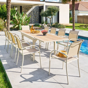 Ensemble table de jardin extensible PIAZZA + 12 fauteuils Épeautre   Argile places - Aluminium traité époxy, Verre trempé Hespéride