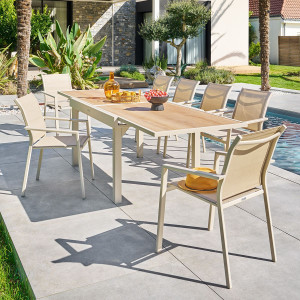 Ensemble table de jardin extensible PIAZZA + 12 fauteuils ESSENTIA Épeautre   Argile places - Aluminium traité époxy, Verre trempé Hespéride