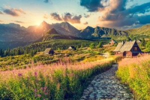 Fototapete Panorama Fährte, Berg, Sonnenuntergang, tatra, Landschaft