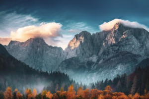 Fototapete Berg, Spitze, Sonnenaufgang, blau, Landschaft