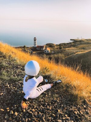 Fototapeta astronauta, kostium, dzieci, pagórek, zachód słońca