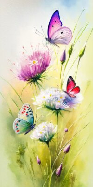 Fototapeta wiosna, kwitnący, łąka, akwarela, motyl