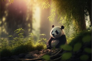 Fototapeta przyrody, drzewo, zachód słońca, trawa, panda