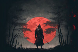 Fototapeta samuraj, walczyć, noc, sylwetka, krajobraz