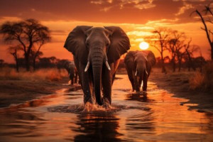 Fototapeta Słonie safari, wschód słońca, słoń, podlewania dziurę, zapi