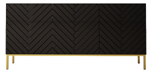 Komoda trzydrzwiowa Qudula 160 cm czarny mat / czarny połysk ze złotymi nogami jodełka HOMEBOOK