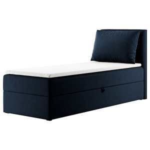 Łóżko kontynentalne 100x200 cm Fayence z pojemnikiem i topperem jednoosobowe granatowe prawostronne HOMEBOOK