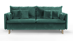 Kanapa z funkcją spania trzyosobowa Gennario z pojemnikiem na złotych nogach szmaragdowa zieleń welur łatwoczyszczący HOMEBOOK kanapa z funkcją spania
