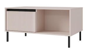 Stolik kawowy Osaka z dwiema szufladami i ryflowanymi frontami 100 cm beż piaskowy na czarnych nogach Wyprzedaż