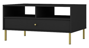 Stolik kawowy Oktio z szufladą i półkami 100 cm czarny grafit na złotych nogach Wyprzedaż