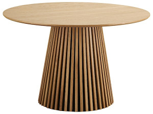 Stół okrągły do jadalni Nenters 120 cm z okrągłą podstawą lamele dąb naturalny fornir