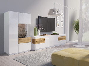 Szafka RTV Galaka z sześcioma szufladami Biały / Biały połysk / Dąb wotan HOMEBOOK