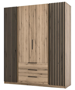 Szafa Kaja czterodrzwiowa z lamelami i trzema szufladami 200 cm dąb evoke Wyprzedaż