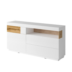 Komoda jednodrzwiowa Galaka z trzema szufladami /Biały / Biały połysk / Dąb wotan HOMEBOOK