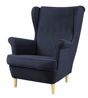 Fotel uszak Malmo granatowy w tkaninie Easy Clean na bukowych nóżkach HOMEBOOK
