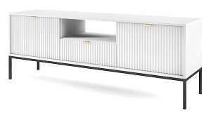 Szafka RTV Vellore 154 cm biała z ryflowanymi frontami i złotymi uchwytami HOMEBOOK