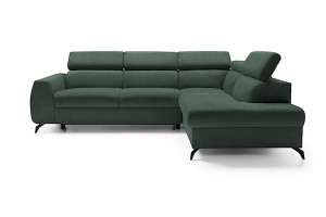 Narożnik rozkładany z funkcją spania Hazryn L-kształtny z regulowanymi zagłówkami i pojemnikiem zielony welur łatwoczyszczący prawostronny HOMEBOOK