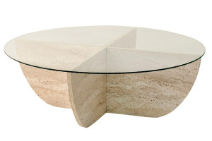 Stolik kawowy okrągły Mishuts 90x90 cm szklany blat/trawertyn Wyprzedaż