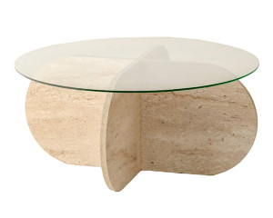 Stolik kawowy okrągły Klissay 75x75 cm szklany blat/ trawertyn Wyprzedaż